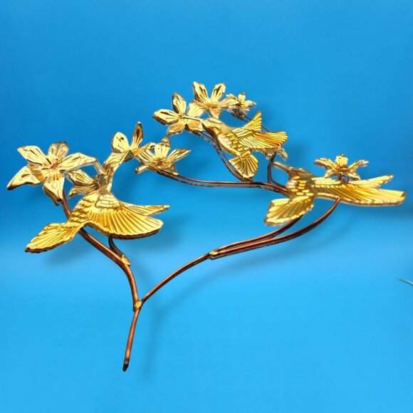 Vintage Mid Century Brass Hummingbird Wall Art Copper Floral Metal Sculpture - Picture 7 of 12